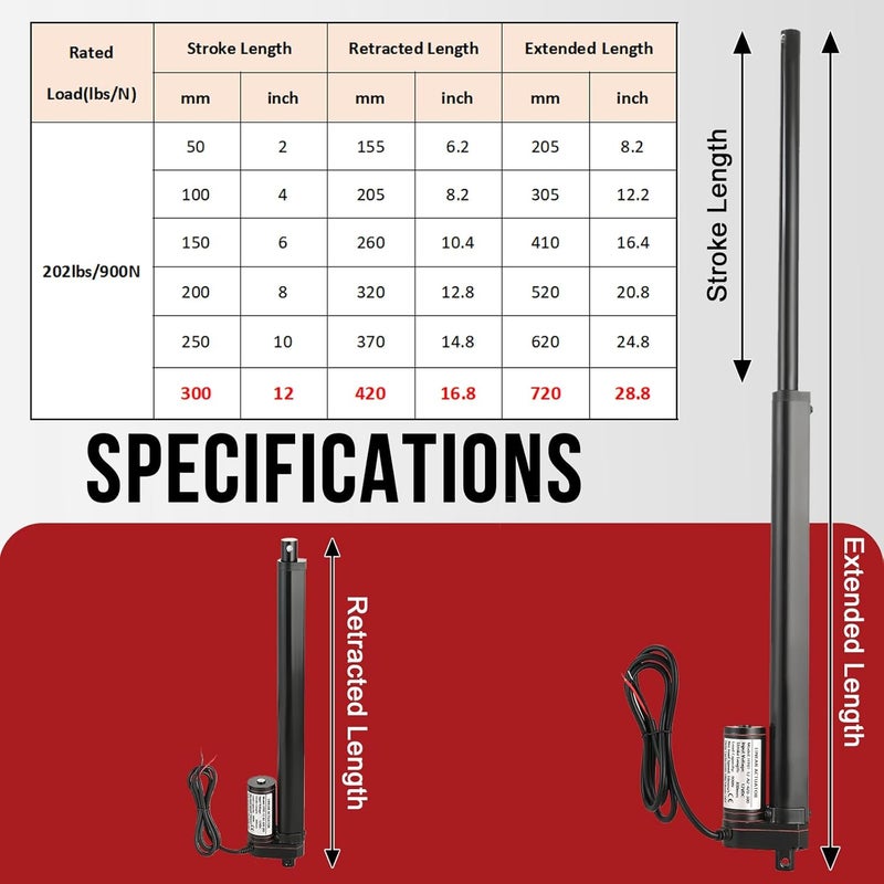 MYFULLY 12V Linear Actuator | 12" Stroke 202lbs/900N Load Heavy Duty Electric Actuator with Mounting Brackets for Solar Tracker, RV, Recliner, TV Lift, Auto Door Opener (12"/300MM Stroke Length) - Image 2